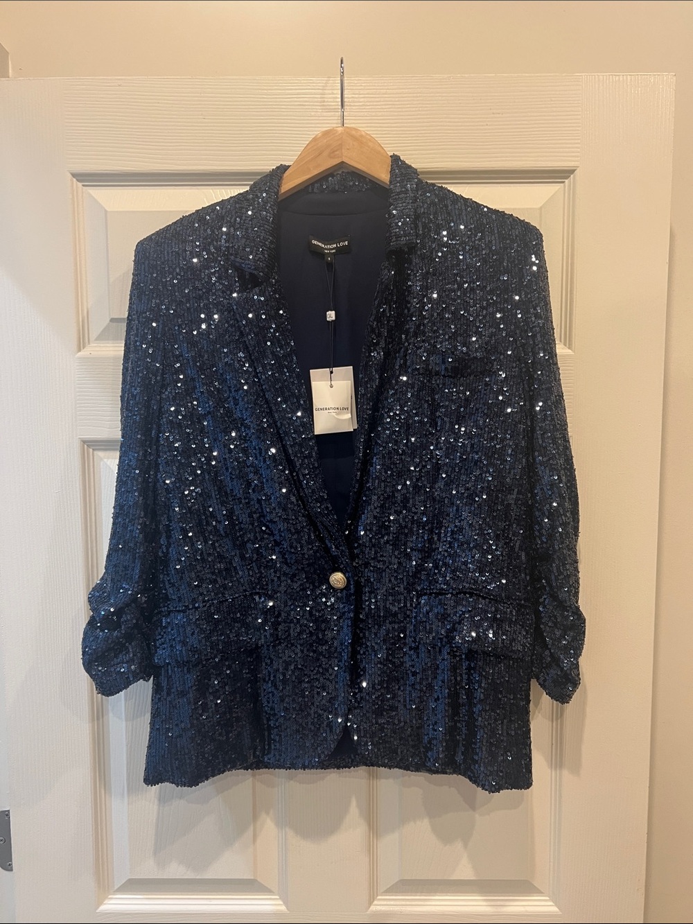 Generation Love Avery Navy Sequin Blazer with Single Gold Button